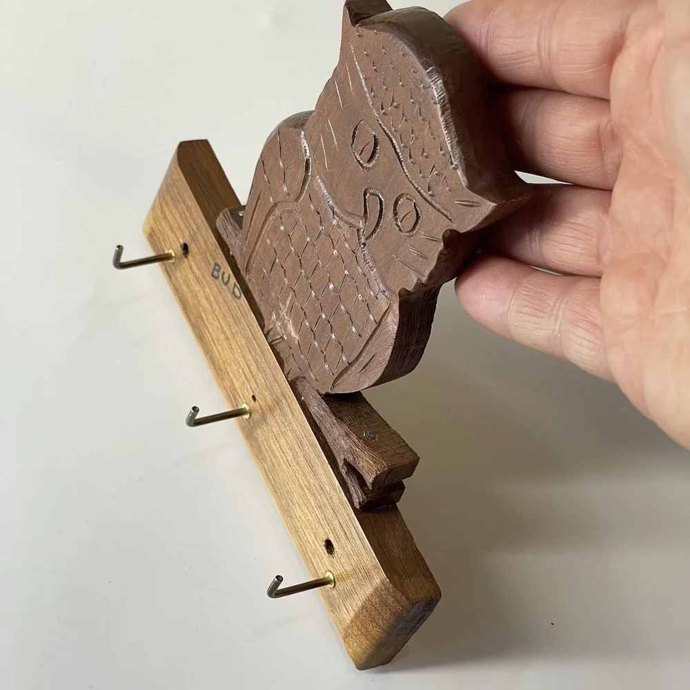 Vintage Wooden Owl Key Holder Wall Mount Hand Carved Mid Century Boho 3 Hooks